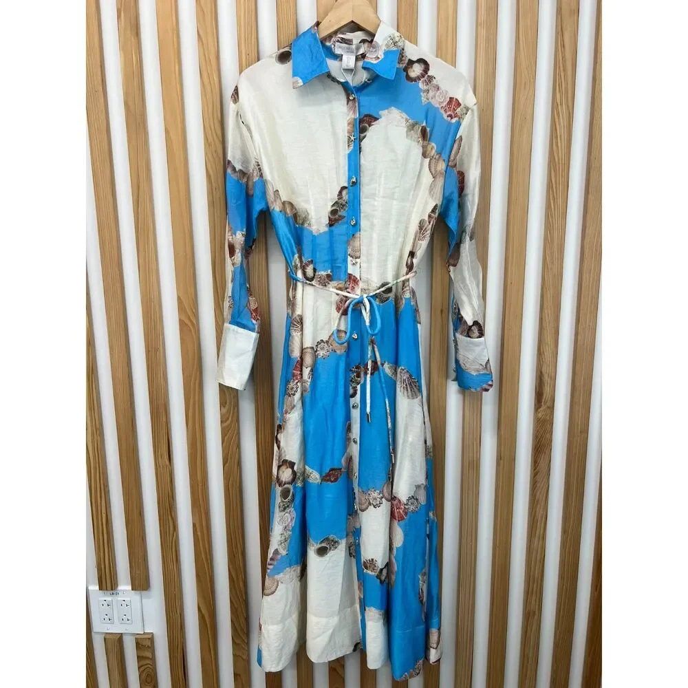 Caroline Constas Sea Shell Print Midi Dress Small Blue White Beach Coastal NWT